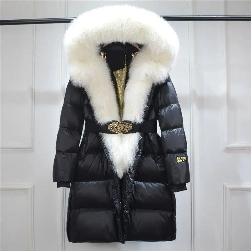 TikTok Most Popular (Few Units Left) 4 Colors Women White Duck Down Jacket With Real Natural Silver Red Fox Fur Hood Trim Belted Cinched Waist Slimming Hooded Winter Coat New Design Ladies Winter Apparel Supplies