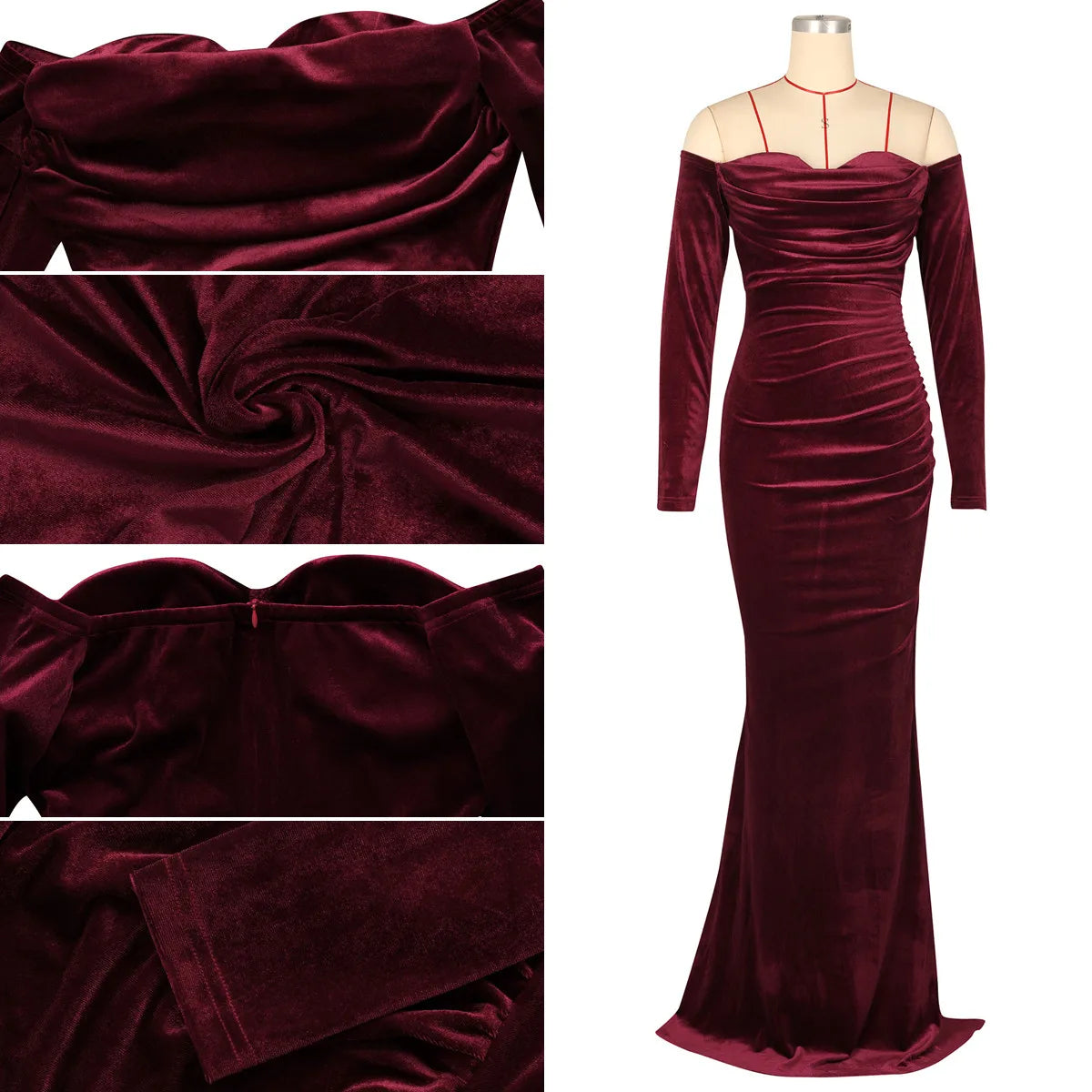 S-2XL Velvet Trendy Gowns for Women Evening Dresses Night Clubwear Prom Elegant Long Sleeve off Shoulder Slim Velvet Maxi Party Dresses Women Mermaid Dress