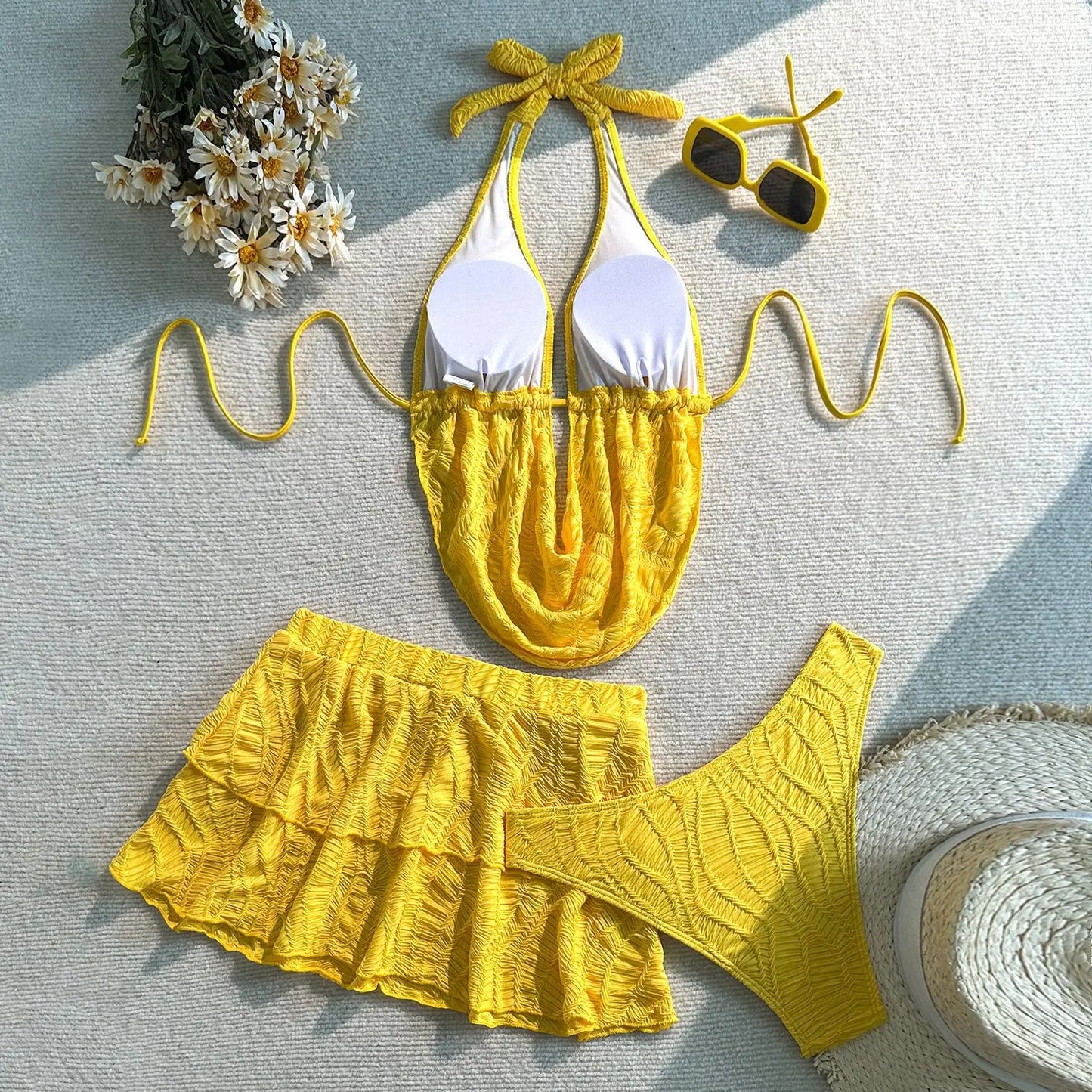 NEW Arrivals 3 PCS Set 5 Colors V-NECK Knitted Women Sexy Swimwear Shirt Top Brazilian Bikini and Skirt Set Beach Cover Ups Sexy Swimsuit Beachwear Ladies Summer Bathing Apparel Supplies