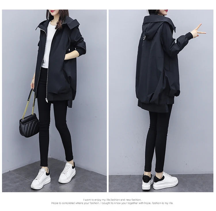 5 Colors S-3XL Women's Windbreaker Mid-Length Spring and Autumn New Korean  Version Casual Temperament Black Loose Hooded Fashion Coat Women Casual Clothing Supplies