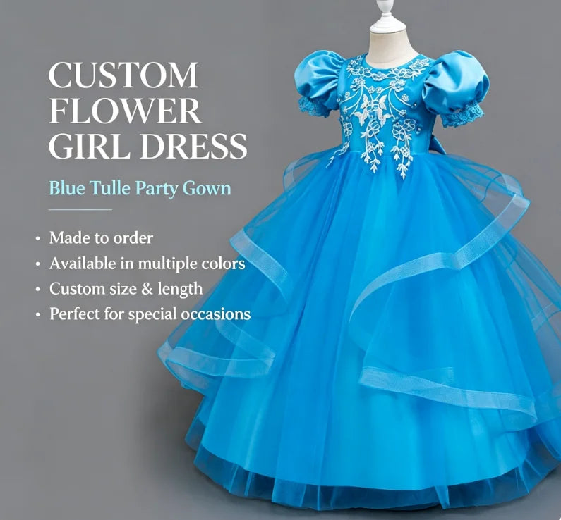 Blue/White/Pink/Red Color Bridesmaid  Girl Flower Dress Princess Evening Birthday Party Ball Gown Puff Sleeve Lace Applique Wedding Prom Party Embroidered Girl Gown Layered Tutu Dress for Girls,