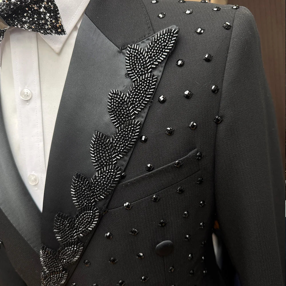Boutique Gala HOT SALE 2 PCS Set Custom Made Men Slim Fit Double Breasted American Style Luxury Black Tuxedo with Crystal Beading for Wedding Guest Night Dinner Prom Evening Business Party Male Formal Apparel Supplies