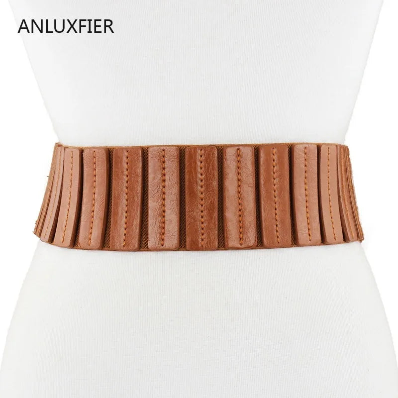 NEW Arrivals Lady Luxury Real Leather Dress Belt Female  High Elastic Wide Belt Women's Retro Decorative Down Jacket Belts Leather Waist Cover Waistband Girls Ladies Luxury Fashion Apparel Accessories Supplies