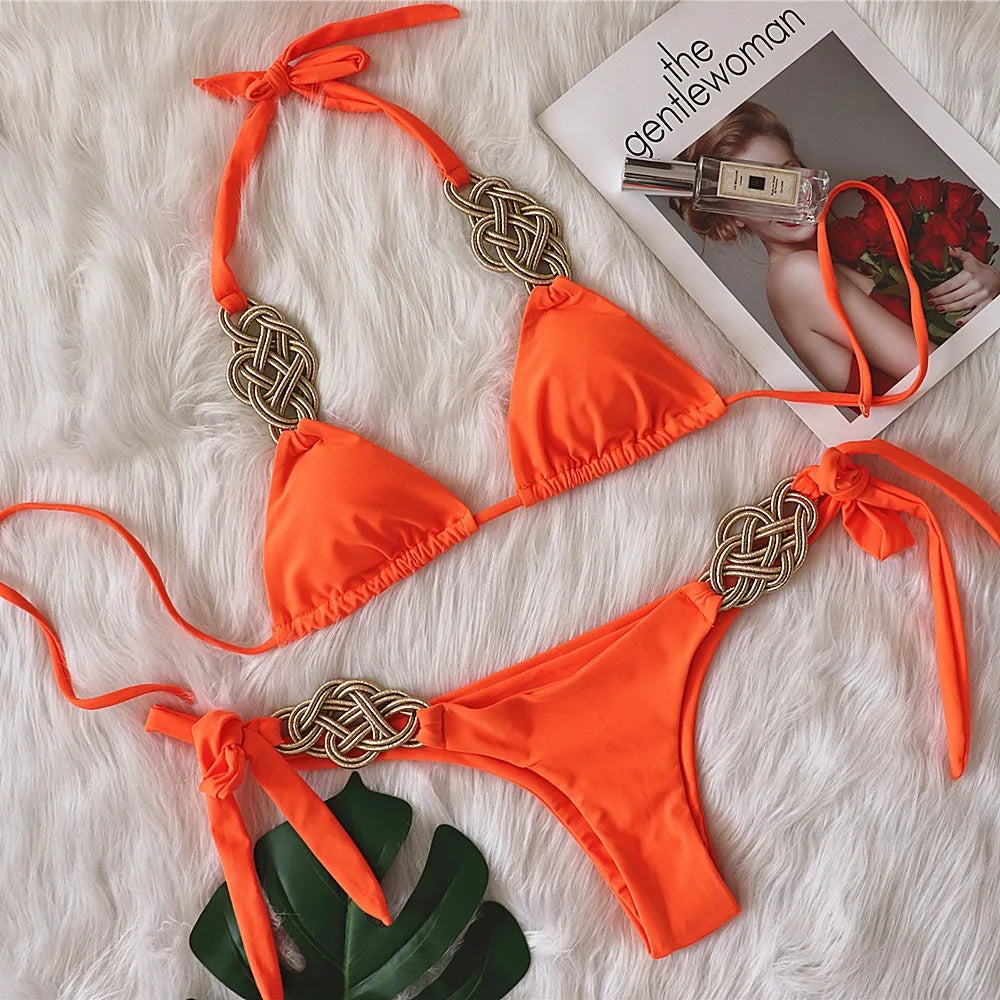 NEW Arrivals 2PCS Set  5 Colors Sexy Patchwork Halter Knitted Bikini Women Swimwear Female Swimsuit Bikini Set Brazilian Bather Bathing Suit Ladies Swimming Pool Luxury Beach Wear