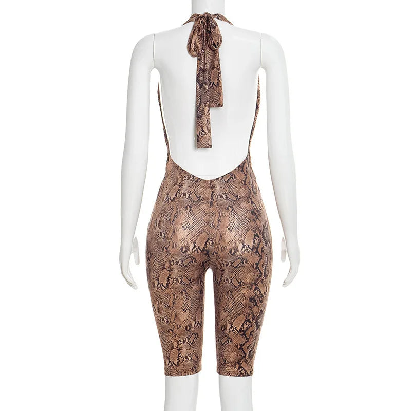 New Spring Summer Sexy Backless Jumpsuit for Women Halter Neck Deep V Snakeskin  Print Shorts Playsuit Women Sexy Apparel Accessories