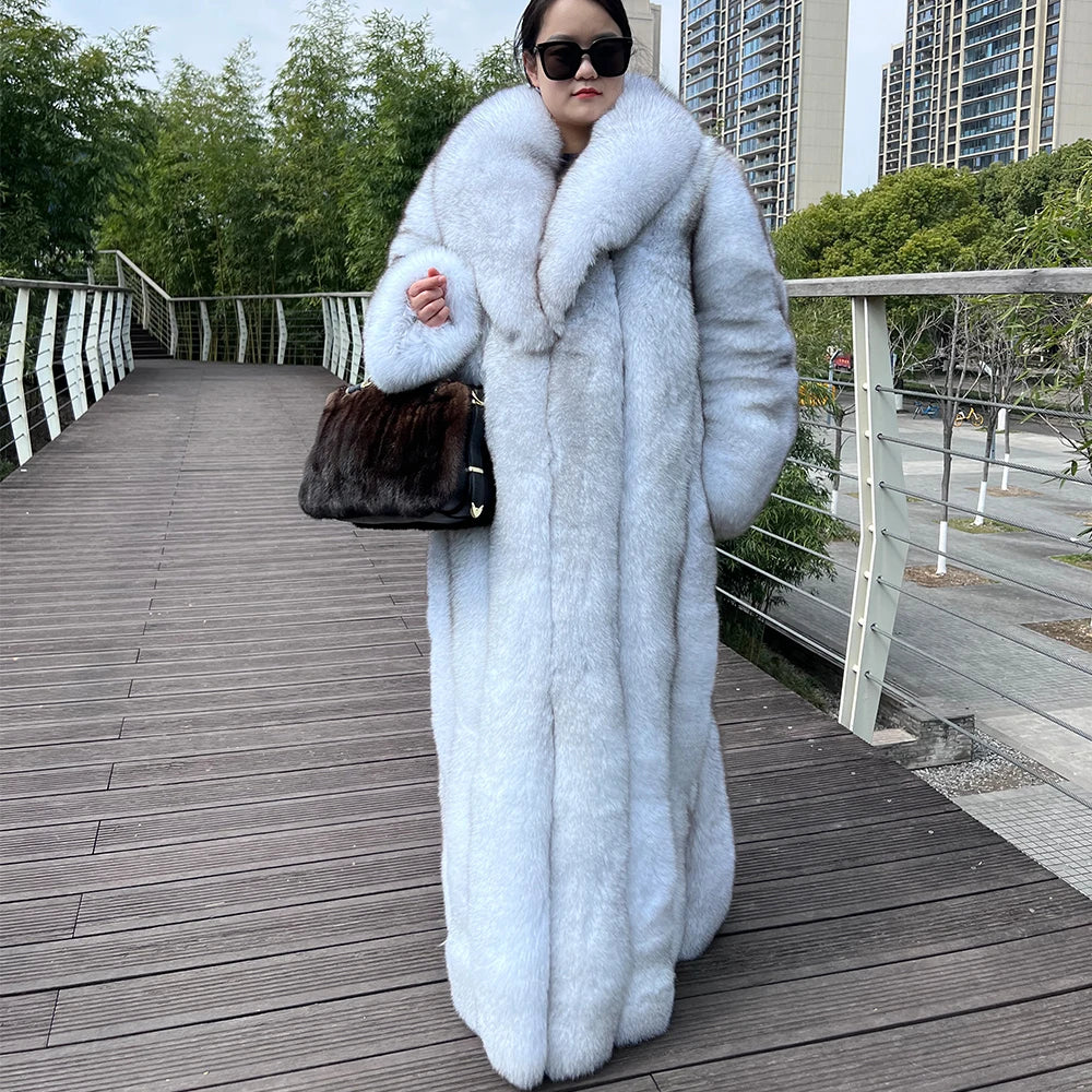 Boutique Gala HOT SALE (Few Units Left)  NEW  Women Winter Luxury Authentic Thick 100% BLUE Fox Fur Long Mink Coat Real Natural Blue Fox Fur Trench Longer Coats Authentic Fox Fur Jacket Best Quality Ladies Luxury Apparel Supp