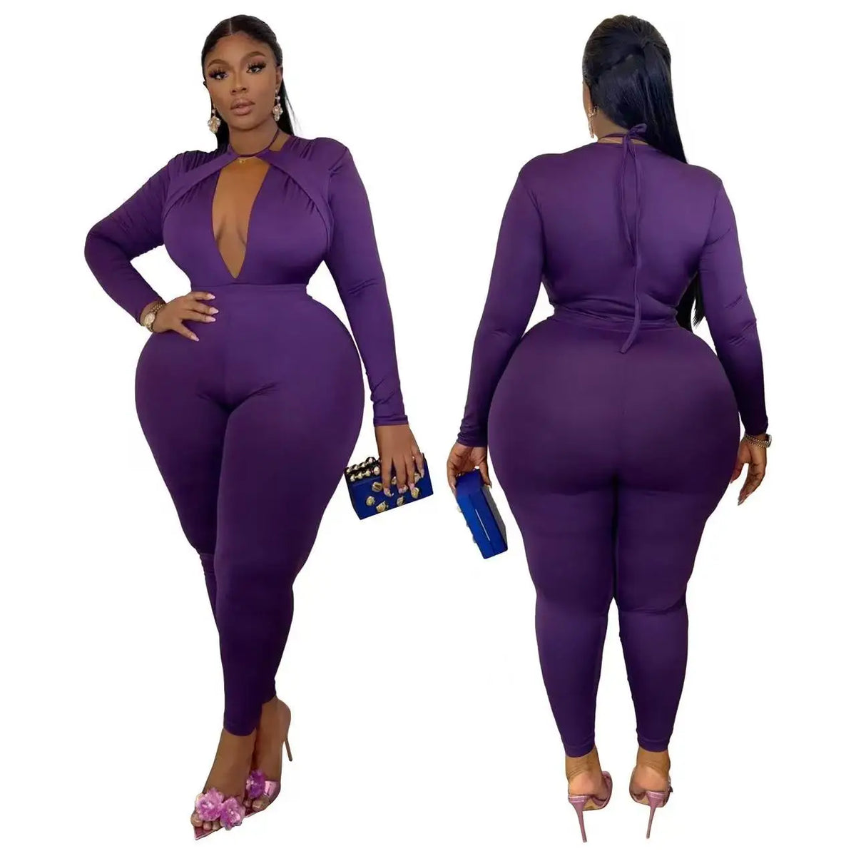 HEY BIG GIRLS.. XL-5XL For Curvy Ladies Trendy Long Sleeve Sexy Jumpsuits for Women Sexy V-Neck Plus Size Clothing Elegance Fall Outfits Evening Party Night Clubwear Clothes