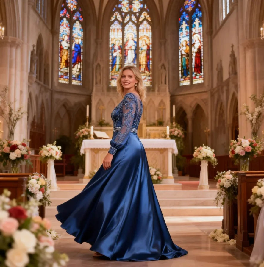 Mother of Bride Customizable Color Luxury Elegant Long Sleeve Elastic Satin Wedding Party Dresses Opera Concerts Celebrities Red Carpet Long Dress with Embroidered Lace and Beaded Waist Ladies Luxury Apparel Supplies