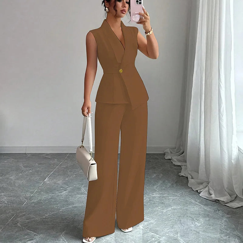 2 PCS Set Women Autumn Spring Summer Outfits Solid Elegant Vest Straight Leg Pants Matching Set Fall Business Night Dinner Office Lady Casual Suit for European American Style Ladies Clothing Supplies