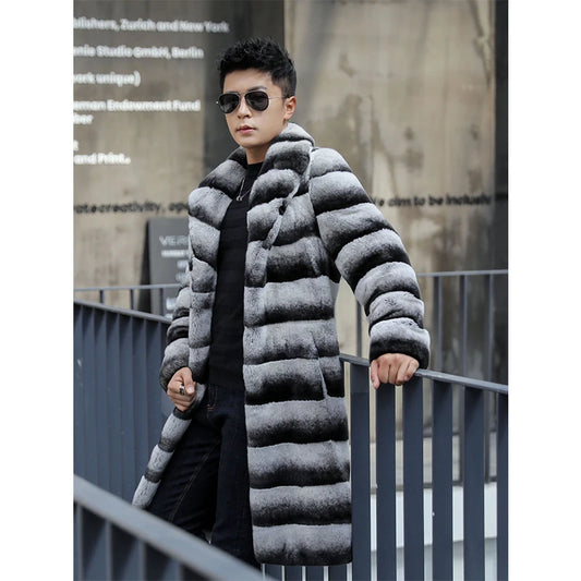 Boutique Gala HOT SALE S-3XL Men's Original Chinchilla Mink Fur Coats Customizable Color Real Rex Rabbit Fur Long Trench Coat With Turn-Down Collar for Male Oversize Real Fur Suit Jackets Gentleman Luxury Apparel Supplies