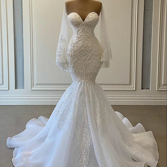 NEW  Elegant Bohemian Mermaid Women White/Ivory Color  Wedding Dress Customizable New High Quality Royal Design Lace Chapel Train Built-In Bra Anti-Static Featuring Pattern Bridal Formal Gowns