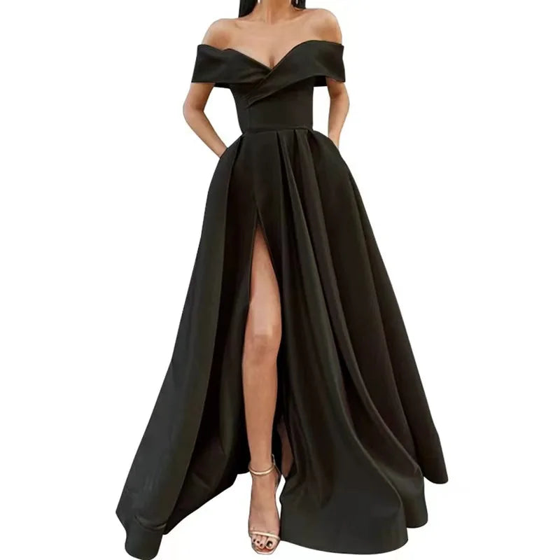 5 Colors Women Sexy V-Neck Evening Party Night Clubwear Long Maxi Dress Solid Elegant Sleeveless High Slit Dress Lady Fashion Off Shoulder Pleated Gown Ladies Sexy Apparel Supplies