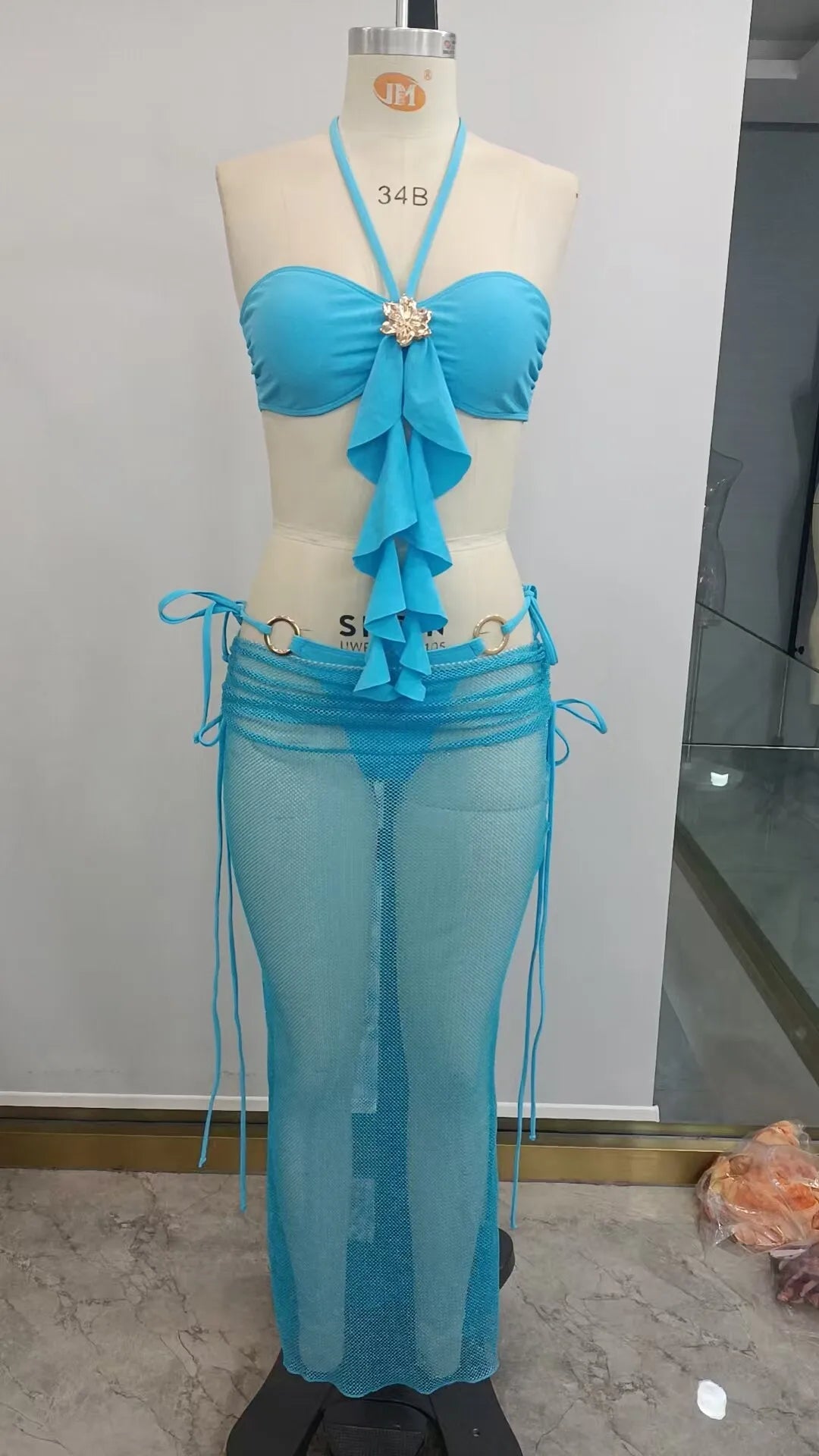 NEW Design 3 PCS Set White/Blue/Yellow Color Women's Swimwear Bandeau Top Brazilian Bikini and Skirt Cover Up Set Beachwear XS-XL Women Summer Bathing Apparel Suits Clothing Supplies