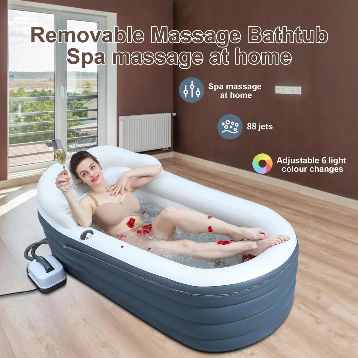 Inflatable PVC Bathtub Bubble Massage Mat Air Pump Remote Control Portable Outdoor Home Spa Bath Hot Tub Ice Bath Cold Plunge Jacuzzi Bathtub Fitness Recovery Health Care Supplies