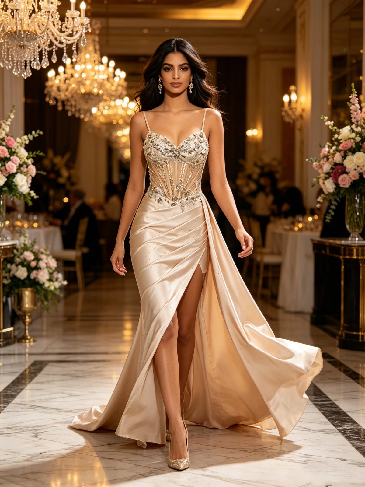 Mother of Bride Luxury Champagne Gold Mermaid Wedding Evening Prom Party Dress Sheer Boned  3D Sequin Embroidery Satin Evening Gown High Slit Lace-Up Back Wedding Guest Red Carpet Celebrities Mermaid Gowns