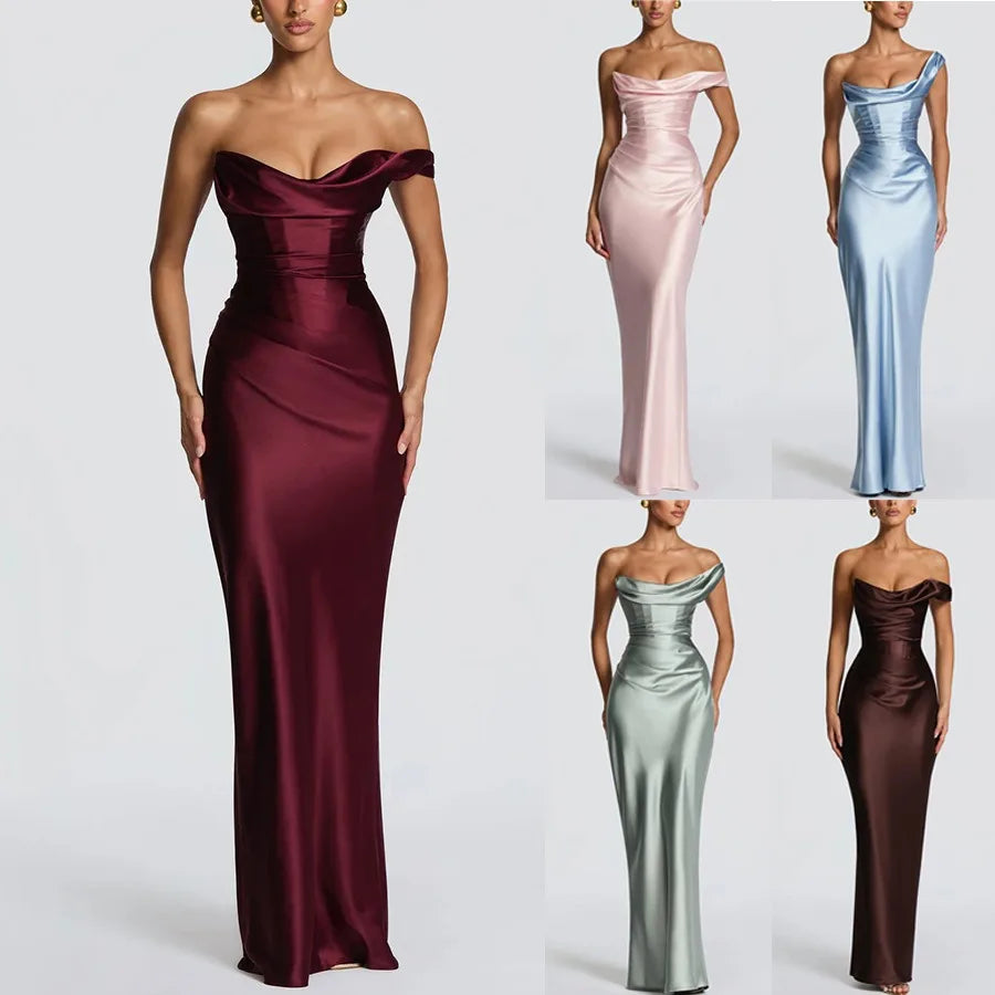 Women's Sexy Top Quality Spring Autumn  Summer New Luxury Banquet Evening Party Dress Strapless Fishbone Pleated Hip Hugging Women's Maxi Long Sexy Gown