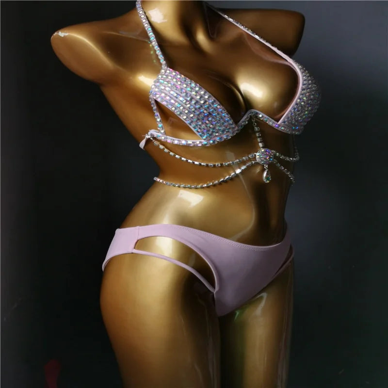 NEW!!!! Latest Design High Quality Sexy Girl Rhinestones Pink Bikini Bling Luxury Swimwear