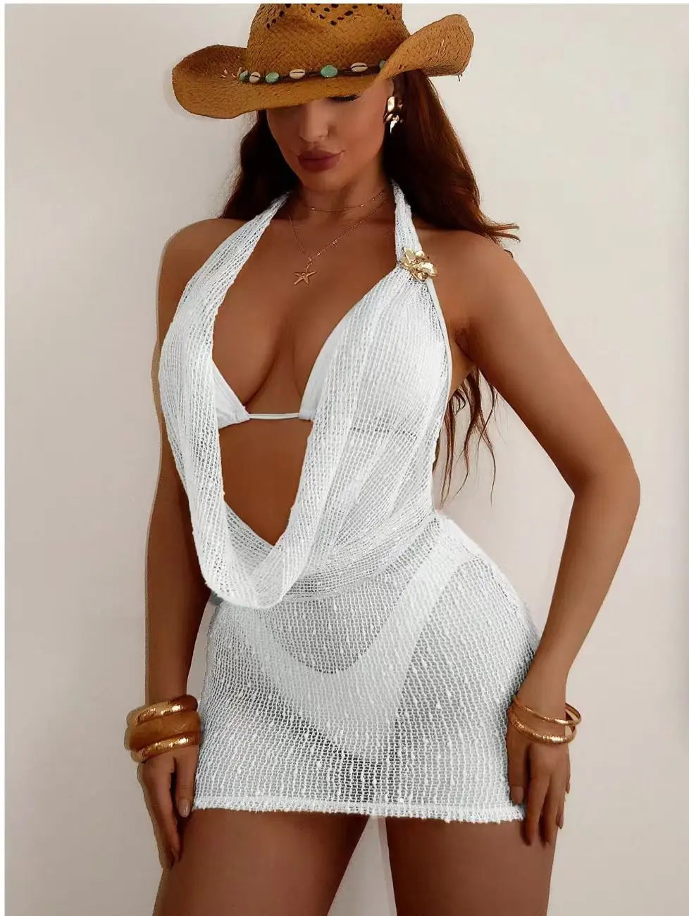 NEW Arrivals 3 PCS Set Beige/Black/White Color Luxury Silk Textured Women's Deep V-NECK Sheer Beach Dress Triangle Top Bikini See Through Cover Up Mini Dress Ladies Bathing Summer Apparel Supplies