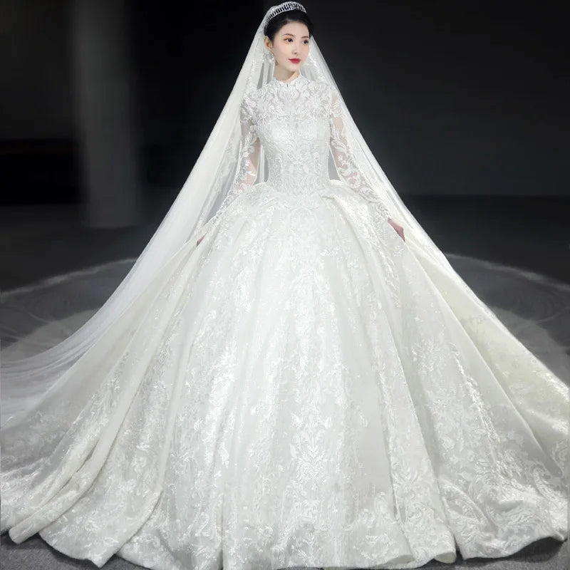 New Winter Muslim Bridal Wedding Dream Court Starry Trailing Long Sleeve French Turkish Istanbul  Islamic Luxury Beaded Wedding Dress in Dubai Ladies Religious Wedding Ceremony Luxury Modest Gown