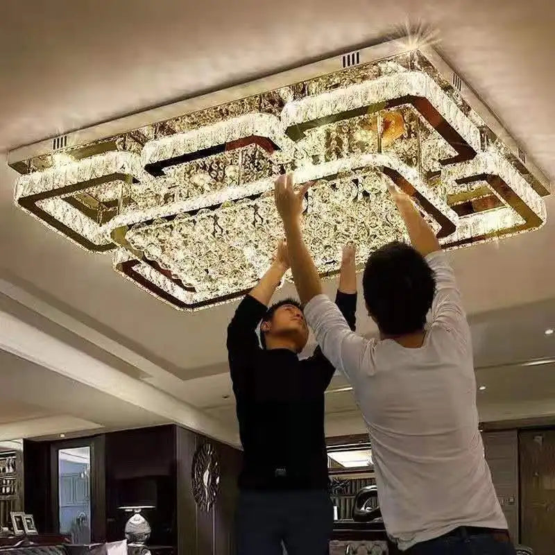 HOT SALE Villa Home Hotel Lobby Modern Luxury Living Room K9 Crystal Ceiling Light Simple Rectangular Stainless Steel Ceiling Art Decorative Pendant Lamp Home Lighting Supplies