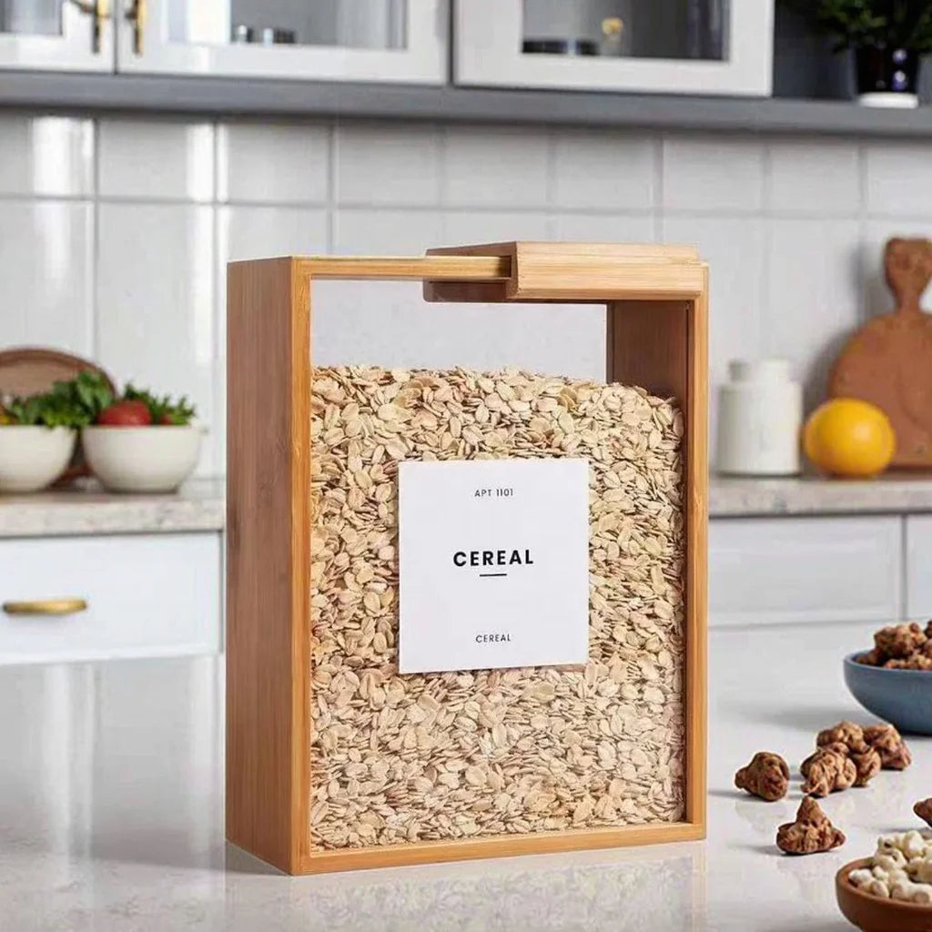 NEW Modern Design Bamboo Wood Rectangular Kitchen 3L Food Dispenser with Lid Used for Storing Grains Rice Flour Snacks and Candies Kitchenware Accessories Preparing Cooking Tools