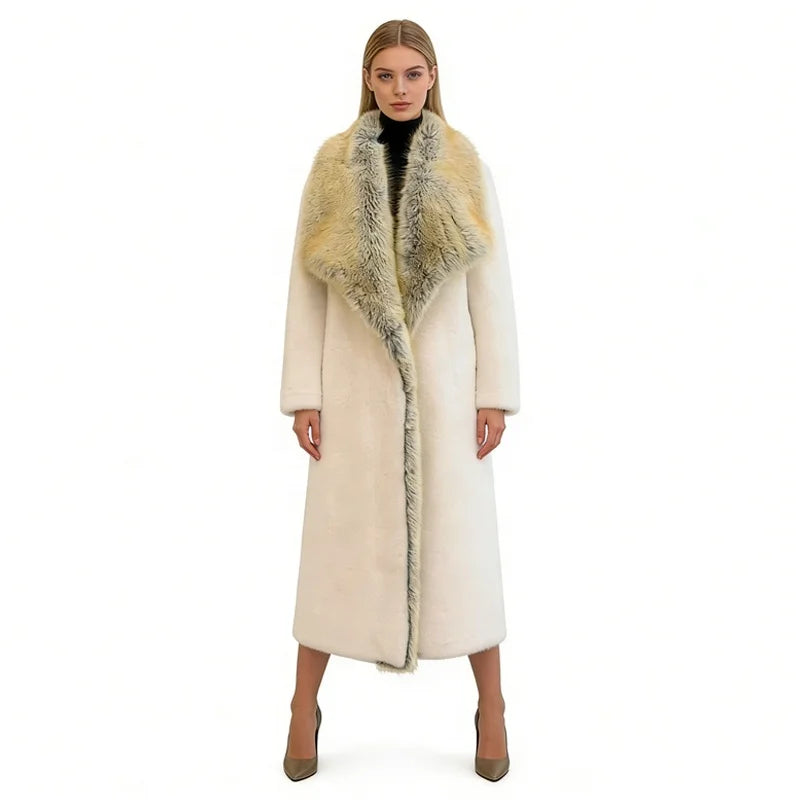 S-2XL Women's Luxury Eco-Friendly Woven Long Artificial Fur Coat Large Fox Fur Collar White Warm Windproof Winter  Down Coat Snow Boots Outerwear Jackets Ladies Luxury Apparel Supplies.