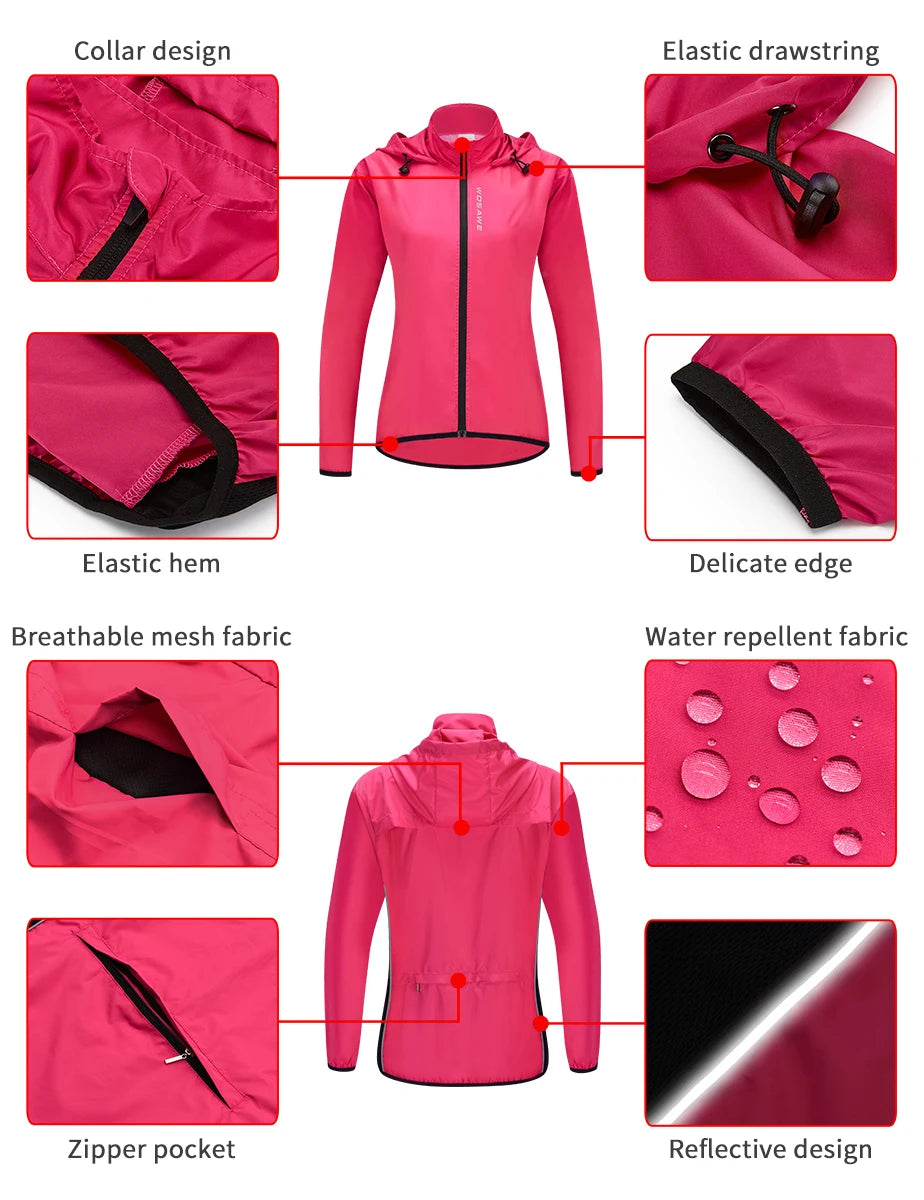 Ladies Windproof Cycling Jackets Hooded Riding Waterproof Cycle Clothing Bike Long Sleeve Jerseys Reflective Wind Coat