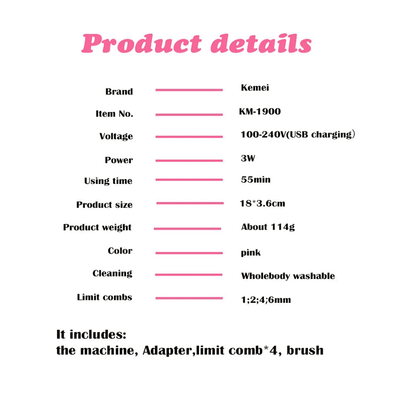 Full Set Original kemei Rechargeable Lady Women Epilator Hair Remover Electric Razor Shaver Women Men Grooming Accessories Hair Care Supplies