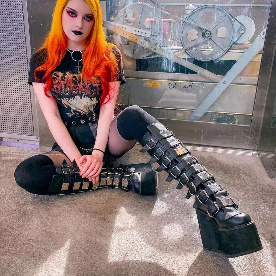 Female Fashion Metal Gothic Platform Boots Punk Cosplay Wedges High Heels Women Knee High Boots Stree Shoes Woman