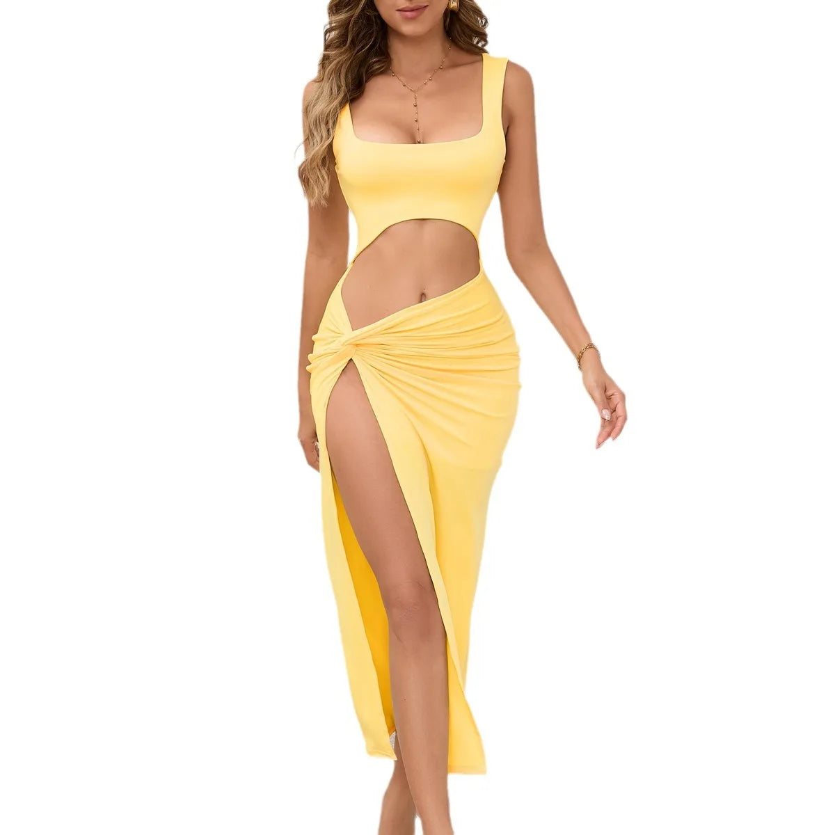 NEW Arrivals 4 Colors Boutique Gala Sales Summer New Fashionable Square Collar Strap Solid Color Hollow Sexy Women's Asymmetrical Dress Evening Beach Party Night Clubwear Slit Dress Ladies Sexy Apparel Supplies