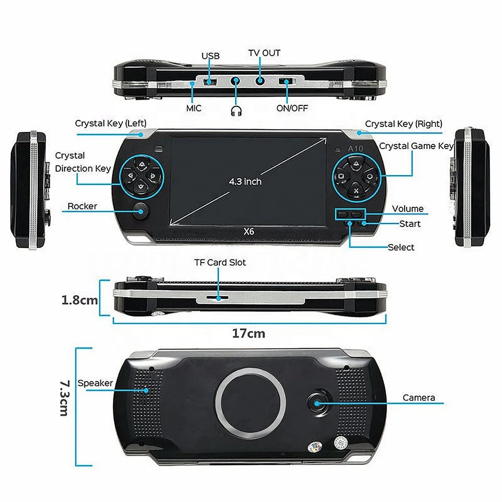 128 Bit Video Game Consoles X6 Handheld Game Console 4.3 Inch Screen Game Machine Real 8GB for Camera, Video, E-book