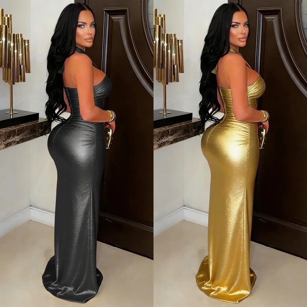 Back/Golden Color S-2XL Women Sexy Hot Lace Up Backless Halter Dress Bodycon Waist Cutout High Slit Floor Length Bronzing Solid Color Ladies Evening Party Maxi Gowns