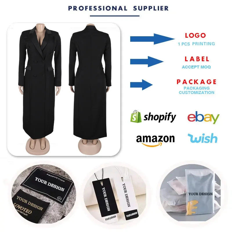 S-3XL Plus Size Black Color High Quality Long Blazer Dress Women Lady Elegant Suit Collar Slim Suits Dresses Long Coat Business Long Jacket Trench for Women