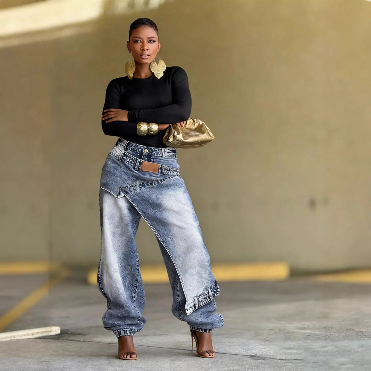 TikTok Most Popular S-3XL Autumn Spring  Deconstructed Patchwork Layered Cotton Denim Wide Leg Pants Avant-Garde Asymmetrical High Waist Urban Streetwear Trousers Women Casual Clothing Supplies
