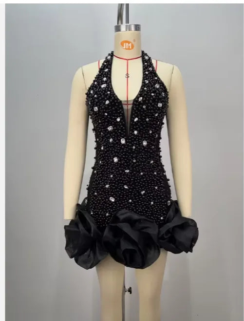 Black/White Color New Fashion White Halter Neck Rhinestone Pearl Beaded Wedding Guest Birthday Party Evening Dresses Women Banquet Dress Ladies Luxury Clothing Supplies