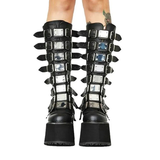 Female Fashion Metal Gothic Platform Boots Punk Cosplay Wedges High Heels Women Knee High Boots Stree Shoes Woman