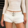 Brown/White Color Women Faux Fur Trim PU Leather Shorts Buckle Waist Y2K Autumn Winter Evening Rave Party Night Clubwear Sexy Gothic Street Fashion Trendy Hot Sexy Shorts