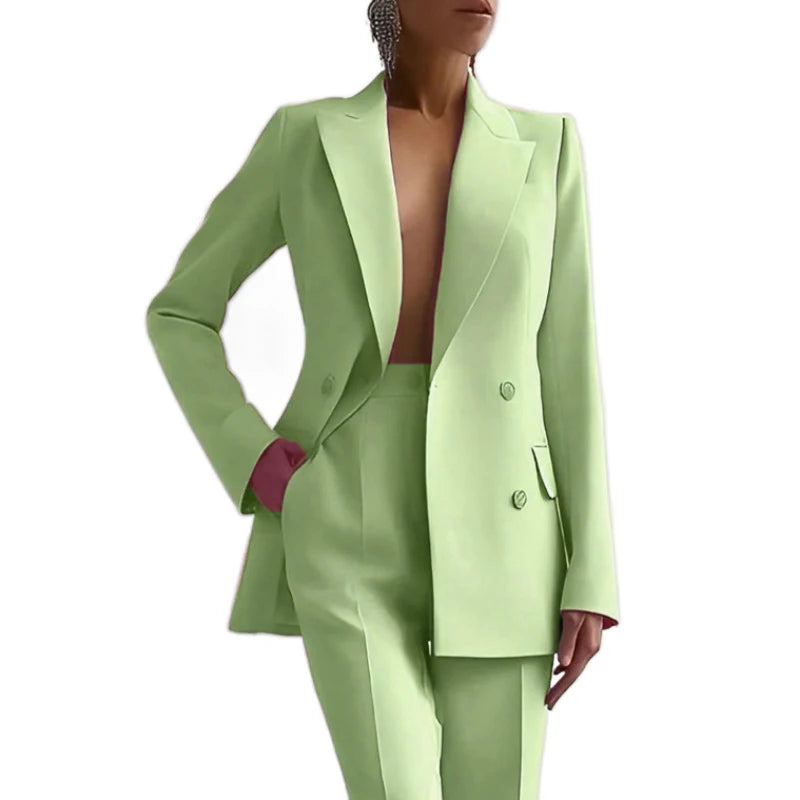 Boutique HOT SALE New Italian Fashion S-2XL 8 Colors Casual Career Double Breasted Long Sleeve Suit Jacket Long Pants Women's Luxury Blazer Top Quality Office Lady Business Dinner Suit Ladies Clothing Supplies.