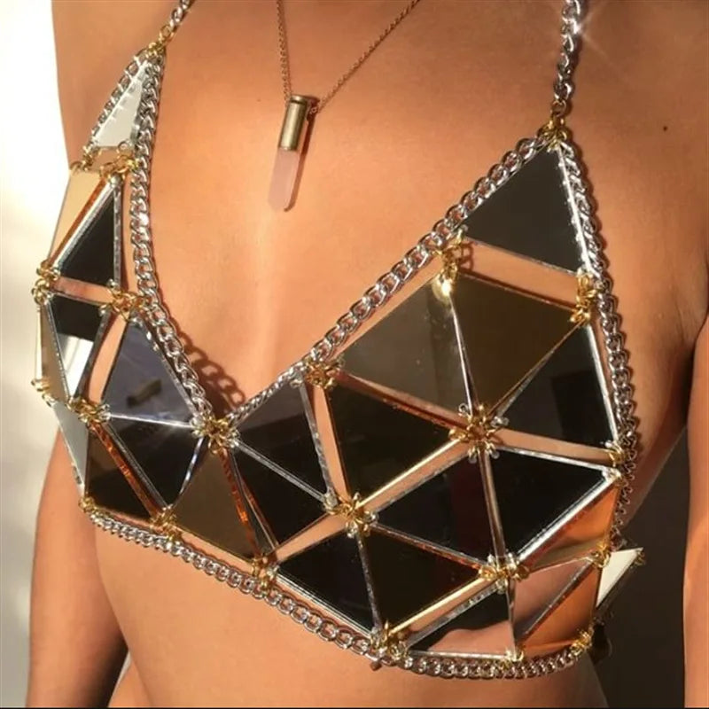 NEW Arrivals 7 Colors  Sexy Triangle Sequin Body Chain Women Party Club Beachwear Acrylic Shiny High Cut Top with Adjustable Straps