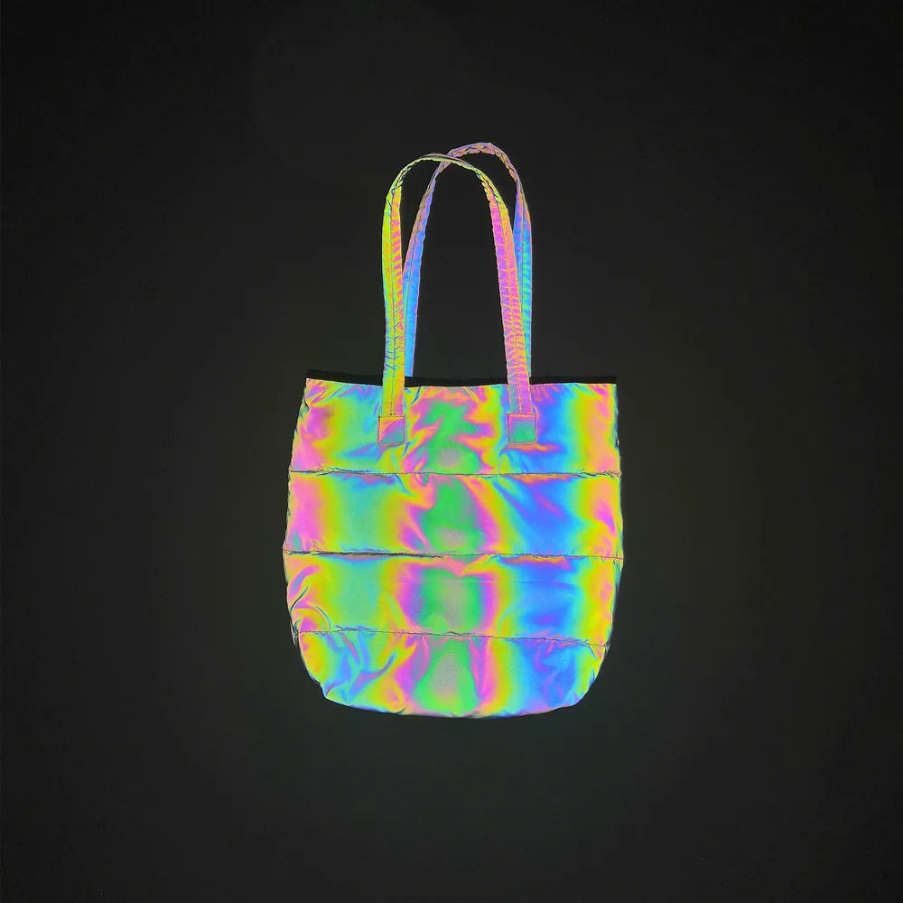 NEW Arrivals High Quality  Colorful Reflective Bag Female Ladies  Fashion One Shoulder Reflective Tote Bag Cotton-Padded Evening Beach Rave Party Purse Night Club  Shopping Women Girls Fashion Clothing Accessories Supplies