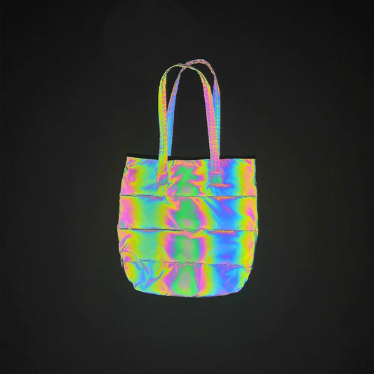 NEW Arrivals High Quality  Colorful Reflective Bag Female Ladies  Fashion One Shoulder Reflective Tote Bag Cotton-Padded Evening Beach Rave Party Purse Night Club  Shopping Women Girls Fashion Clothing Accessories Supplies