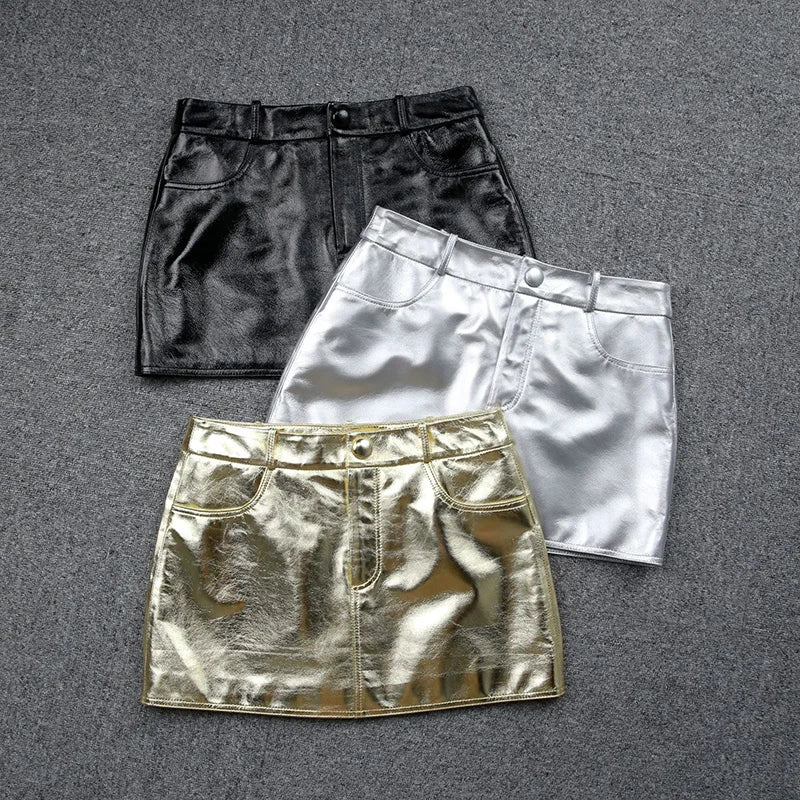 100% Genuine Sheepskin Leather Black/Gold/Silvery Color Luxury Shiny Leather Skirts Customized Size Color Women Leather Mini Skirt S-2XL Top Quality Evening Party Night Clubwear Mini Leather Skirts