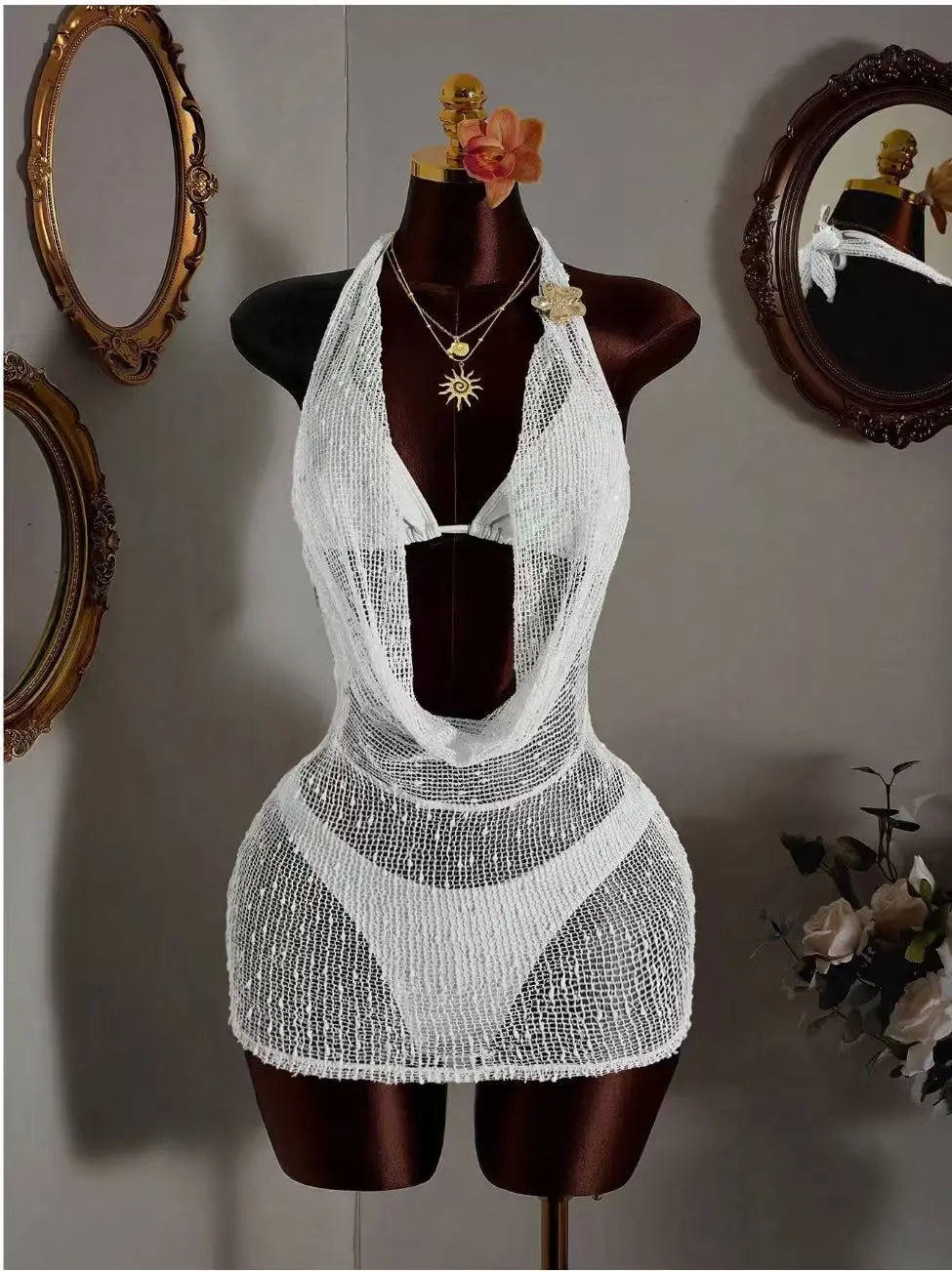 NEW Arrivals 3 PCS Set Beige/Black/White Color Luxury Silk Textured Women's Deep V-NECK Sheer Beach Dress Triangle Top Bikini See Through Cover Up Mini Dress Ladies Bathing Summer Apparel Supplies