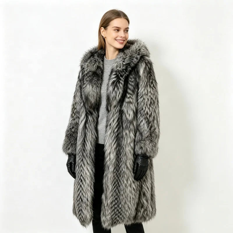 S-6XL Plus Size  Women Winter Silver Gray Hooded Faux Fur Top Quality Coats Full Length Oversized Thick Warm Fluffy Long Overcoat Snow Boots Outerwear Fur Jackets Ladies Luxury Jacket