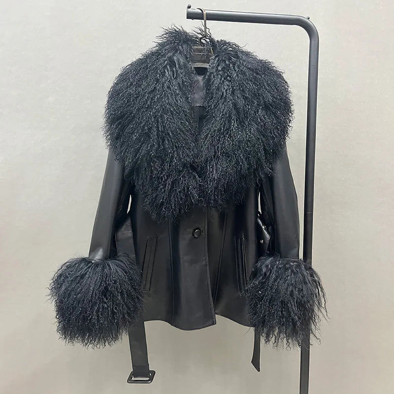 Boutique Gala HOT SALE S-2XL Women's  Real Mongolian Lamb Fur Collar and Cuff Genuine Sheep Leather Jacket Winter Autumn Warm Black Outerwear Coats Ladies Luxury Apparel Supplies.