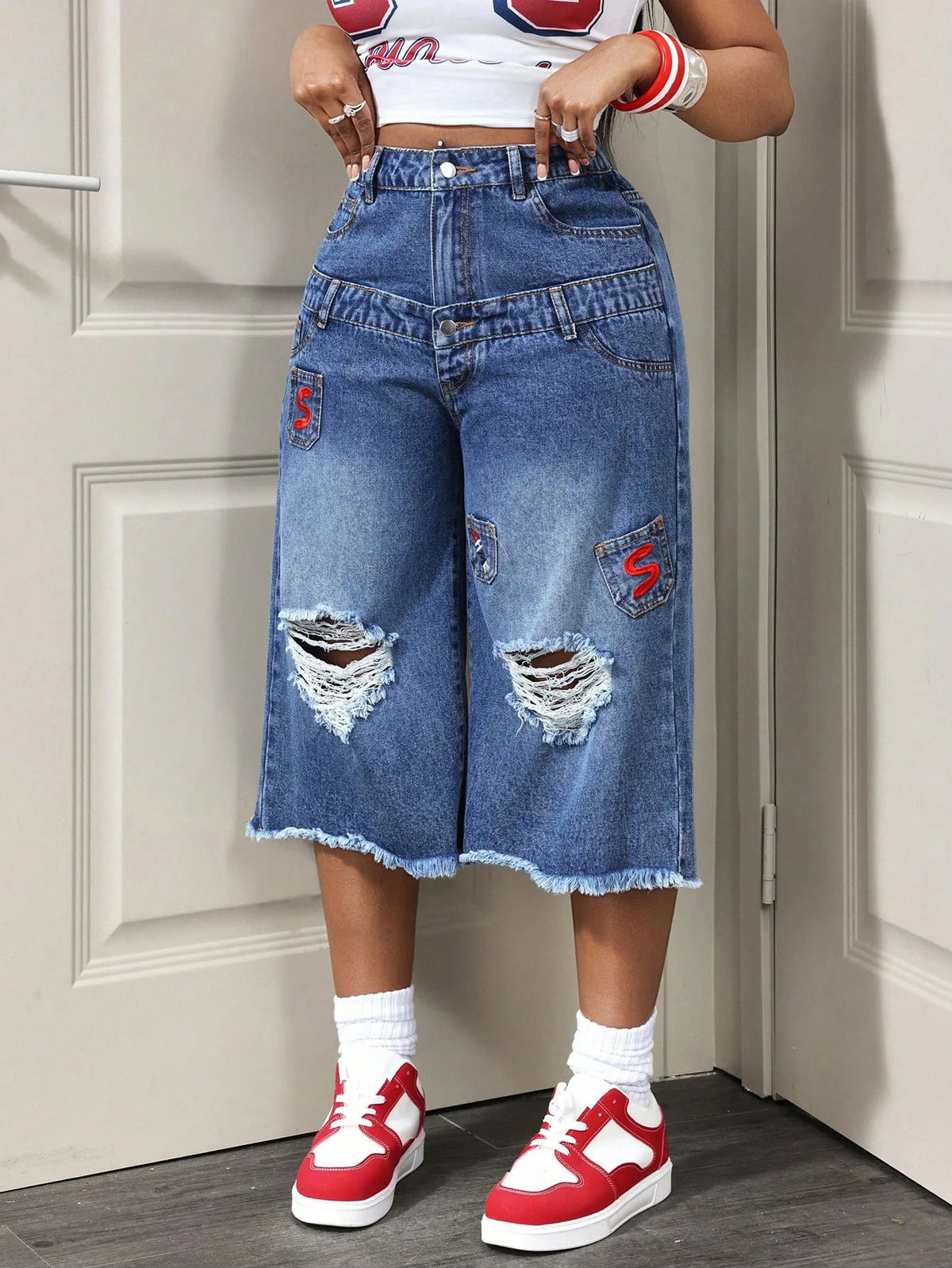 NEW Arrivals All Seasons Baggy Blue Jeans Vintage Washed  Embroidered & Ripped Denim Women's Cropped Wide-Leg Jeans Streetwear Y2K Clothes Female Casual Clothing Supplies