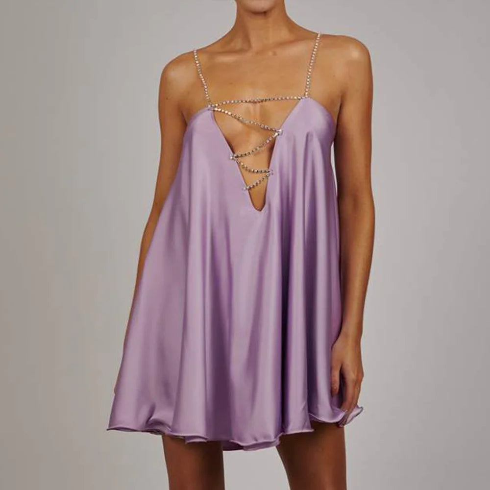 S-XL 6 Colors Women Holiday Clothes Club Party Clothes Summer Dress Diamonds Strap Chain Double Layers Satin Mini Dresses