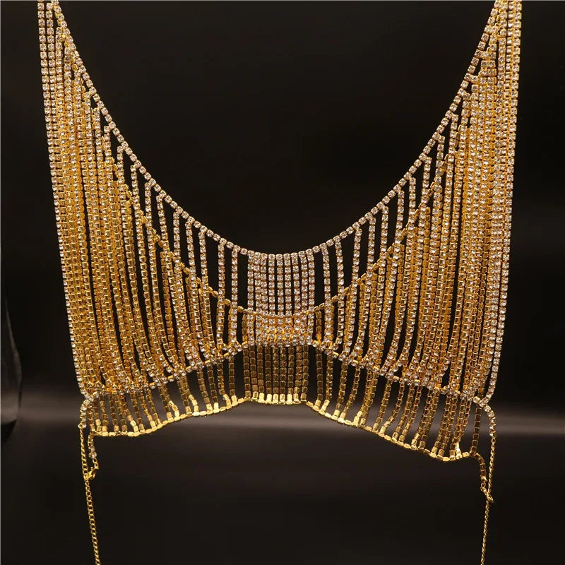 Gold/Silver Color Women Luxury Crystal Rhinestone Chain Cami Sparkle Women Crop Top Diamond Crystal Body Jewelry Tops Evening Rave Party Night Clubwear Sexy Tops