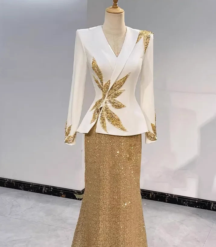 Mother of Bride White & Gold Luxury Blazer-Style Dress Embroidered Sequined Mermaid Floor-Length Vintage Evening Wedding Party Business Dinner Gown Ladies Luxury Apparel Supplies