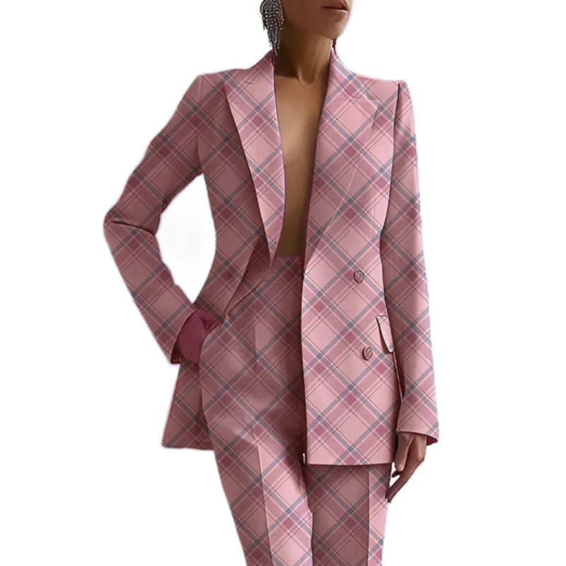 Boutique HOT SALE New Italian Fashion S-2XL 8 Colors Casual Career Double Breasted Long Sleeve Suit Jacket Long Pants Women's Luxury Blazer Top Quality Office Lady Business Dinner Suit Ladies Clothing Supplies.